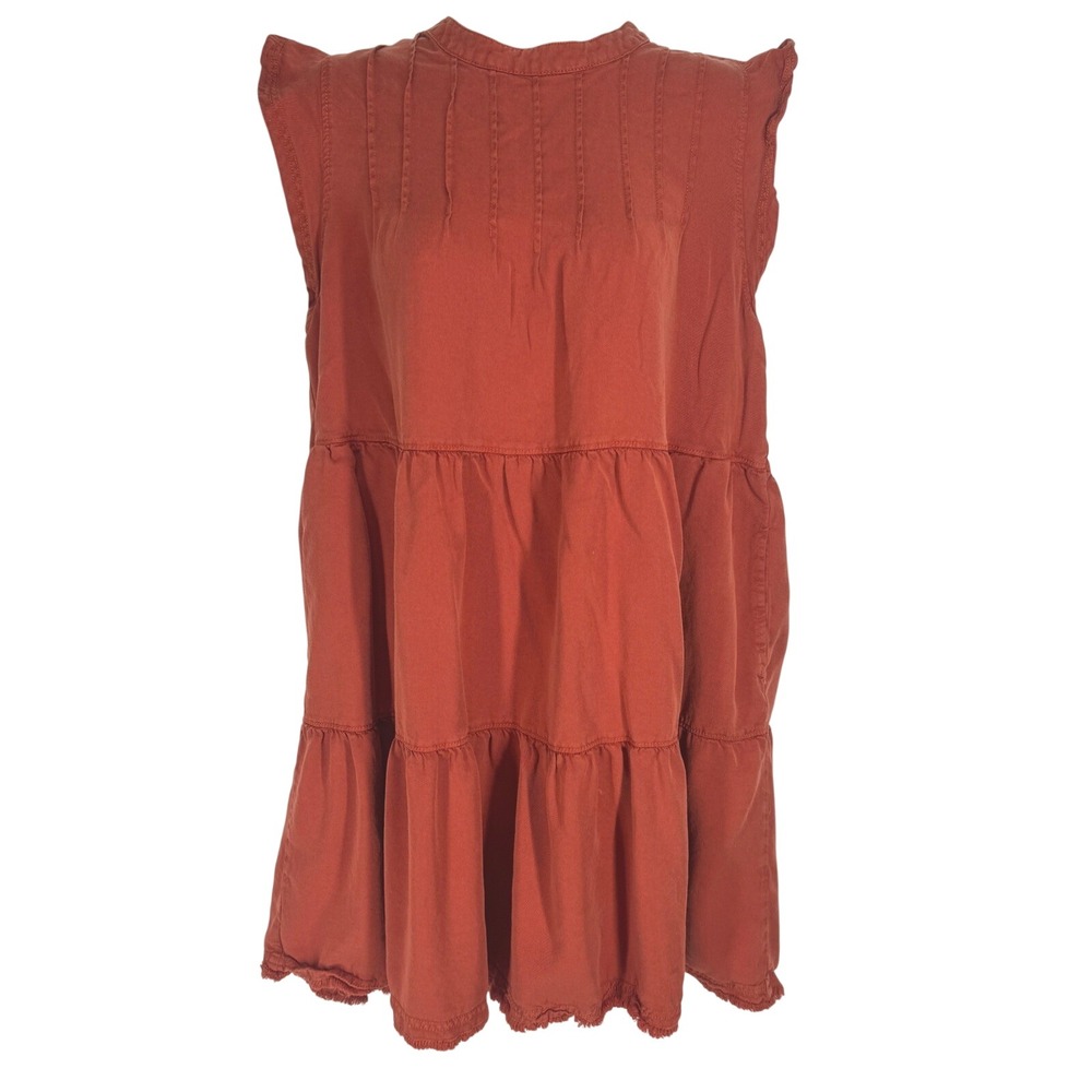 Velvet Heart Rust Orange Tiered Boho Mini Dress Pintuck Ruffle Sleeveless Size L